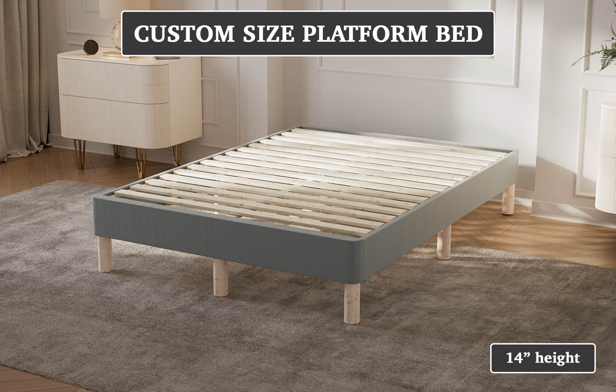 Gray platform bed with wooden slats in a room setting, labeled 'Custom Size Platform Bed' and '14" height'.